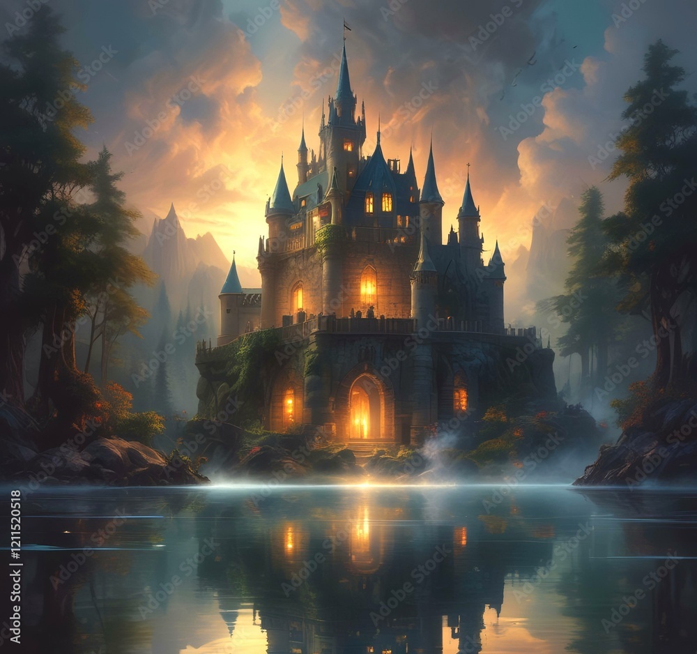 Fototapeta premium Illustration of glowing mystery tower castle in night.