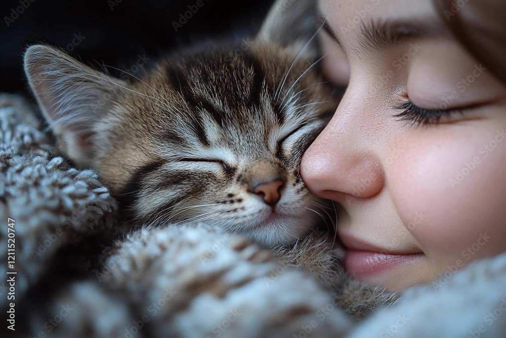 Tender Moment: A Person Gently Cradles a Kitten, Noses Touching in a Heartwarming Display of Affection Tender Moment: A Person Gently Cradles a Kitten, Noses Touching in a Heartwarming Display of Affection