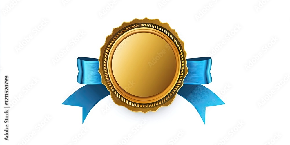 Gold embossed seal with a smooth gold center and vibrant blue ribbons positioned centrally on a clean white background ideal for awards or certificates. Gold embossed seal with a smooth gold center and vibrant blue ribbons positioned centrally on a clean white background ideal for awards or certificates.