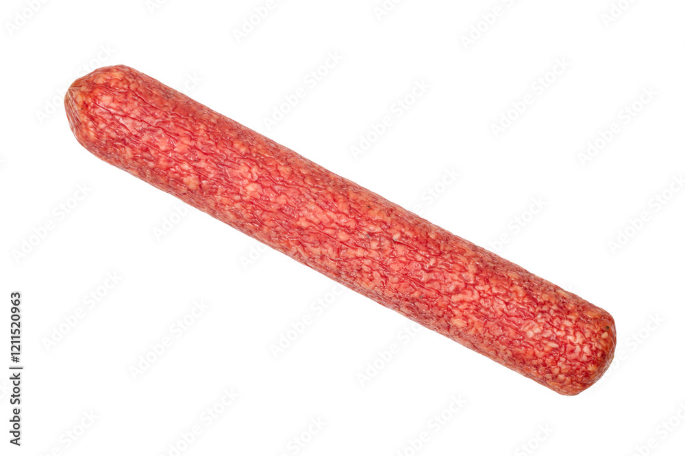 Whole stick of smoked sausage isolated on white background. Whole stick of smoked sausage isolated on white background.
