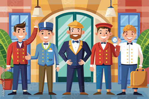 Doormen greet arriving guests with warm smiles outside a charming hotel entrance hotel service concept of smiling doormen welcoming guests