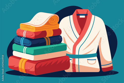 Neatly stacked towels surround a plush bathrobe ready for a relaxing experience Hotel towels and bathrobe,