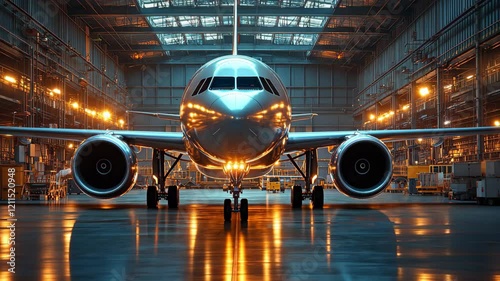 Aircraft in a brightly lit hangar ready for a night departure with reflections on the polished floor highlighting the sleek design and structure