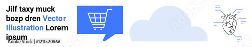 Shopping cart in a blue speech bubble, cloud shape, and network-connected heart diagram. Ideal for online shopping, cloud services, healthcare, network systems, medical technology, digital