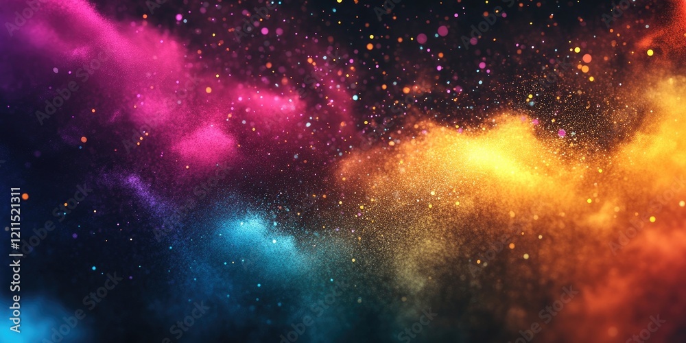 Vibrant abstract background displaying a burst of colorful powder in shades of pink, orange, and blue against a dark backdrop with glittering texture. Vibrant abstract background displaying a burst of colorful powder in shades of pink, orange, and blue against a dark backdrop with glittering texture.