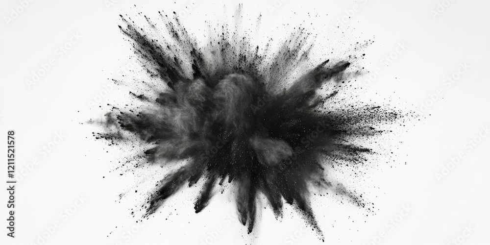Abstract black powder explosion on a white backdrop featuring dynamic splashes of dark gray and black centered with fine powder details around edges. Abstract black powder explosion on a white backdrop featuring dynamic splashes of dark gray and black centered with fine powder details around edges.