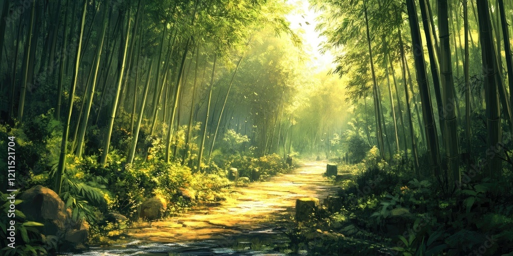 Naklejka premium Lush green bamboo forest with sunlight filtering through tall bamboo stalks illuminating a serene walking path surrounded by vibrant foliage.