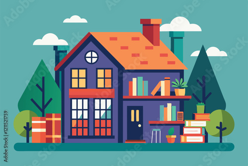 A charming home displays vibrant bookshelves filled with books and plants against a backdrop of trees and clouds House bookshelves Customizable Flat Illustration