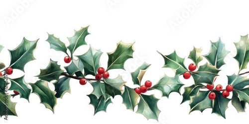 Holly leaves with red berries arranged as a decorative border on a white background featuring lush green leaves and vibrant red accents photo