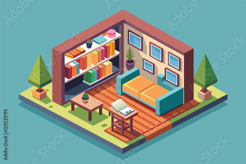 A cozy living room with a customizable bookshelf, plants, and a comfortable seating area inviting relaxation House bookshelves Customizable Isometric Illustration