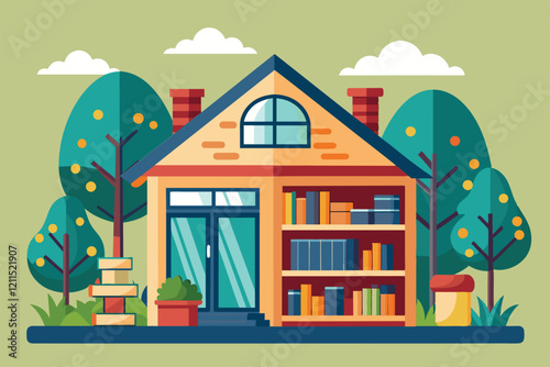 A colorful house features bookshelves and is set among lush trees and greenery under a clear sky House bookshelves Customizable Semi Flat Illustration