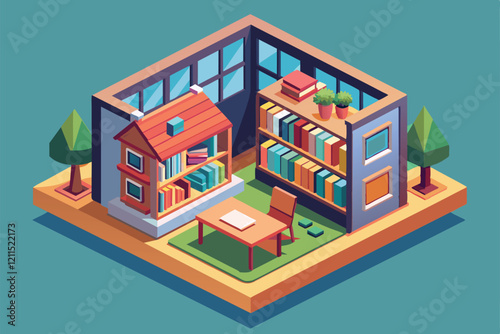 A vibrant depiction of customizable bookshelves and a reading area in a charming house setting House bookshelves Customizable Isometric Illustration