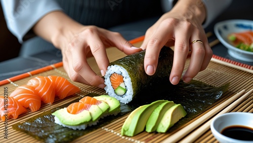 Close-Up of Sushi Roll Preparation with Fresh Salmon, Avocado, and Bamboo Mat photo