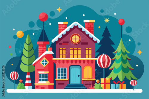 A colorful house is adorned with Christmas decorations and surrounded by trees and gifts House christmas decorations Customizable Semi Flat Illustration