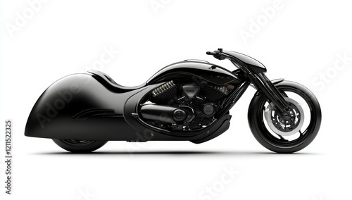 Sleek black custom motorcycle isolated on white background.