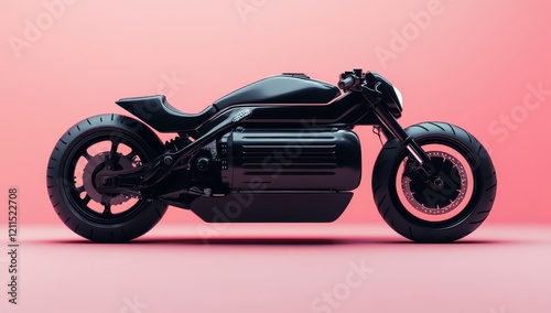 Sleek black custom motorcycle on pink background.