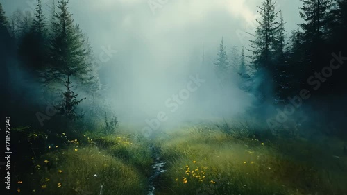 A gentle mist blankets a peaceful forest path, where vibrant greenery and colorful wildflowers bloom beautifully in the early morning light