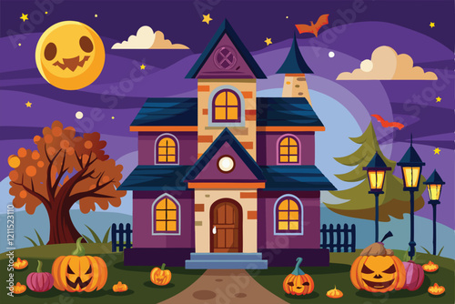 A whimsical house is decorated for Halloween, featuring pumpkins, bats, and a full moon backdrop House halloween decorations Customizable Cartoon Illustration