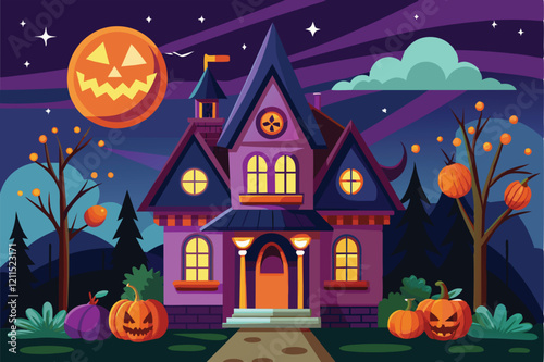 A beautifully decorated house glowing with Halloween spirit on a dark, festive night House halloween decorations Customizable Disproportionate Illustration