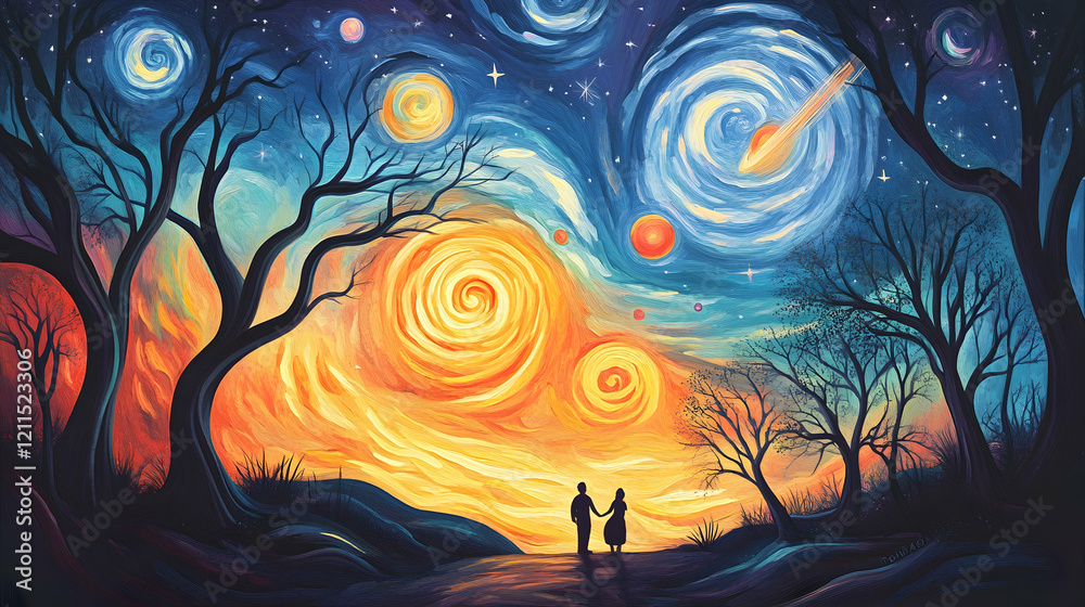 Couple holding hands, starry night landscape, swirling cosmos, artistic painting, romantic scene, ideal for cards or prints