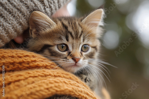 Playful Kitten Explores the World from Shoulder of Smiling Person, Capturing Joyful Companionship