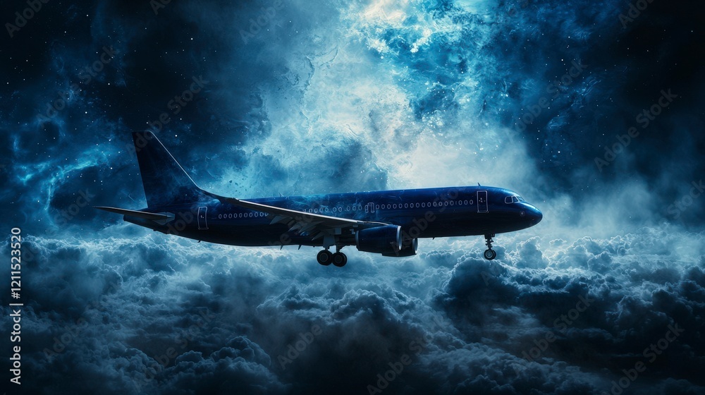 Fototapeta premium Indigo airplane soaring through cosmic clouds space digital art surreal atmosphere aerial view dreamlike journey