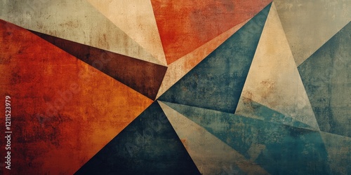Geometric abstract background with earthy textures in red, orange, and teal triangular shapes layered on a weathered dark surface.