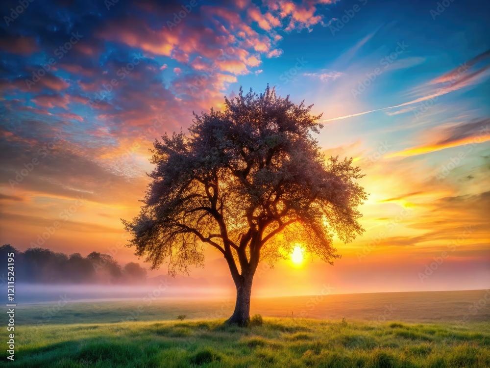 Lonely apple tree silhouetted against a double-exposed sunrise, creating a breathtaking vertical nature wallpaper. Lonely apple tree silhouetted against a double-exposed sunrise, creating a breathtaking vertical nature wallpaper.