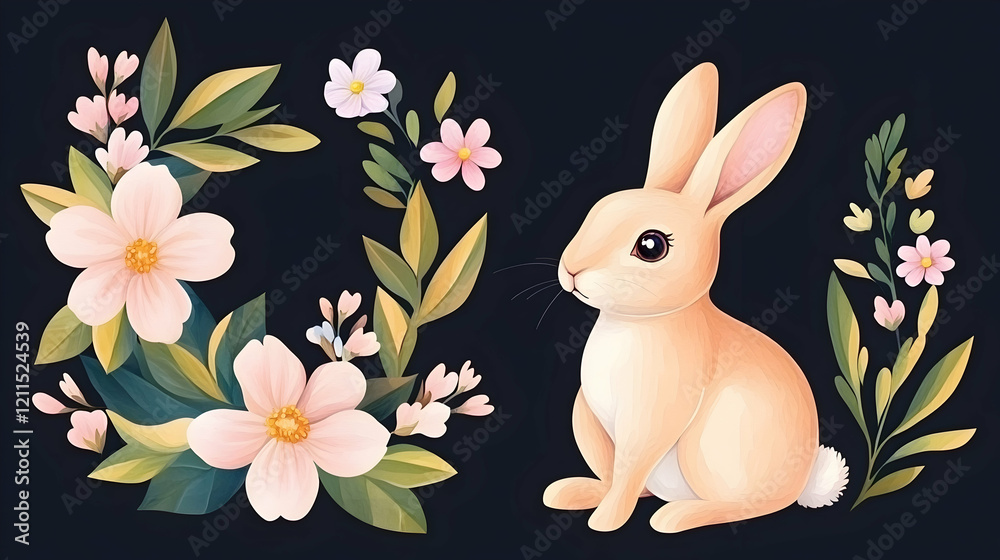 Obraz premium Cute bunny sitting amidst spring flowers, dark background, greeting card design