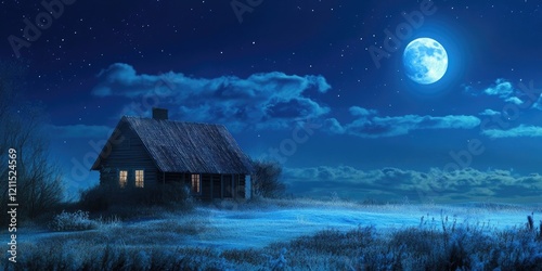 Moonlit night with a cozy wooden house surrounded by frosty grass under a bright blue sky and shining full moon illuminating the scene.