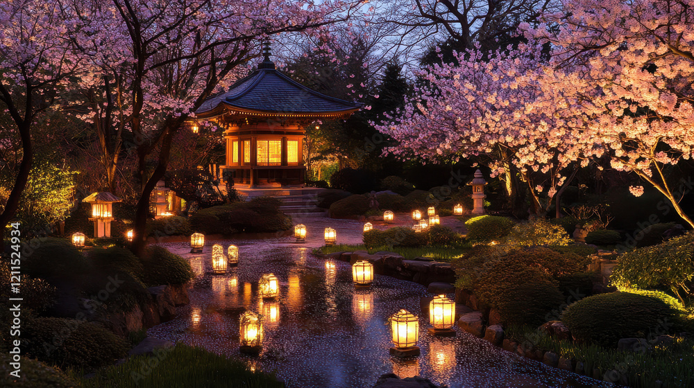 Fototapeta premium Peaceful garden with pagoda, cherry blossoms, and lanterns for Chinese New Year