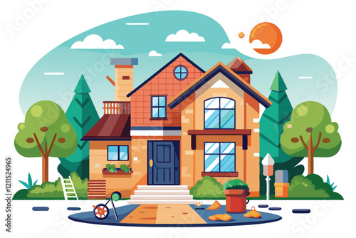 A colorful cartoon house stands amidst trees and landscaping on a beautiful sunny day House restyling Customizable Cartoon Illustration