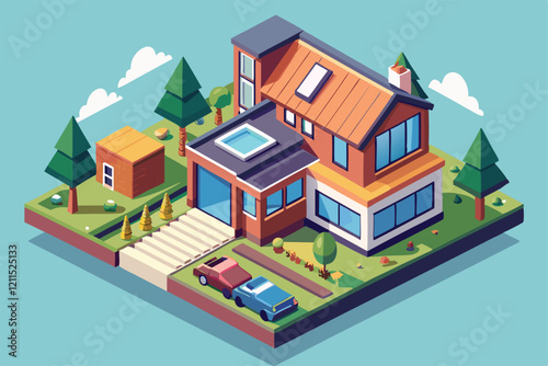 Modern house design with a garden, driveway, and nearby features in a bright and vibrant landscape House restyling Customizable Isometric Illustration