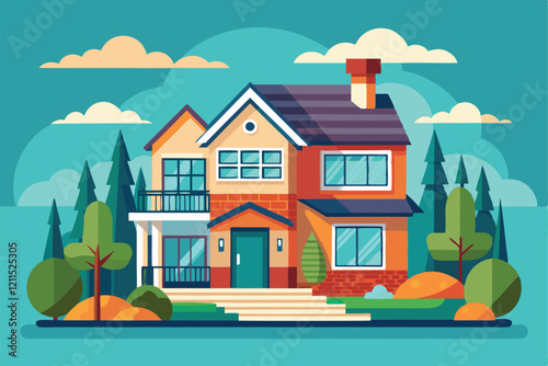 A beautifully designed house showcases modern architecture surrounded by greenery and colorful landscaping House restyling Customizable Semi Flat Illustration