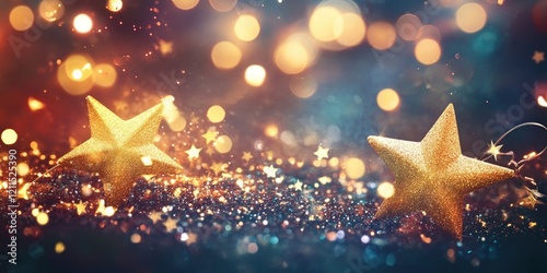 Golden star decorations on a shimmering background with festive bokeh lights creating a vibrant and celebratory atmosphere throughout the image