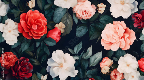 Dark floral pattern, roses, camellias, leaves, seamless design, fabric, wallpaper photo