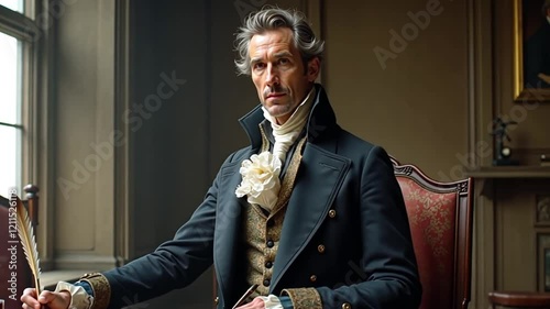 A refined gentleman of the Romantic period, in a turtleneck shirt, waistcoat and tailcoat, exudes 19th century sophistication.