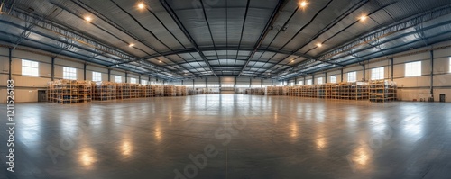 Warehouse industrial and logistics companies. Commercial warehouse. Huge distribution warehouse with high shelves. Bottom view., Generative AI