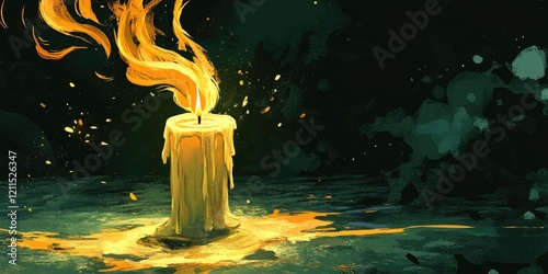 Burning yellow candle with flowing wax emits warm light in dark green background, symbolizing the banishment of negative energy and cleansing aura.