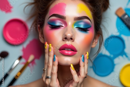 Colorful lips, eyes, eyeshadows and nail art. Beauty makeup artist ideas.