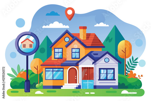 A colorful illustration showcases a house with trees and a location marker indicating property search possibilities House searching Customizable Semi Flat Illustration