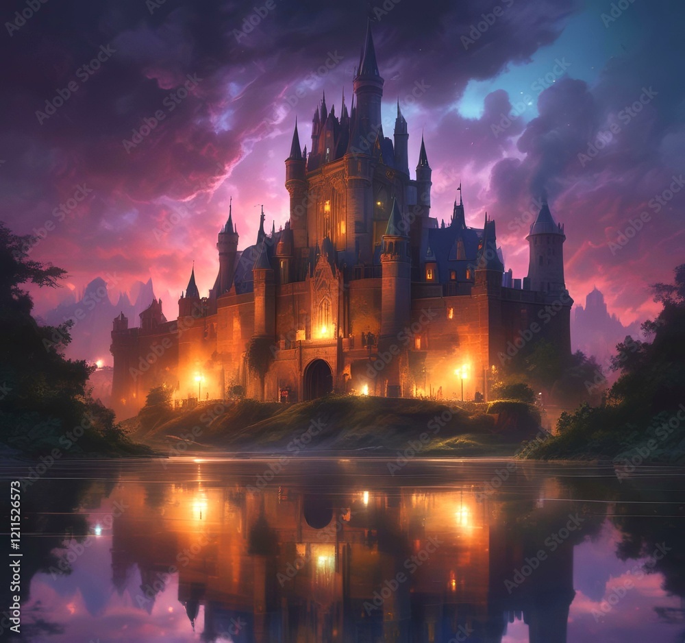 Obraz premium Illustration of glowing mystery tower castle in night.