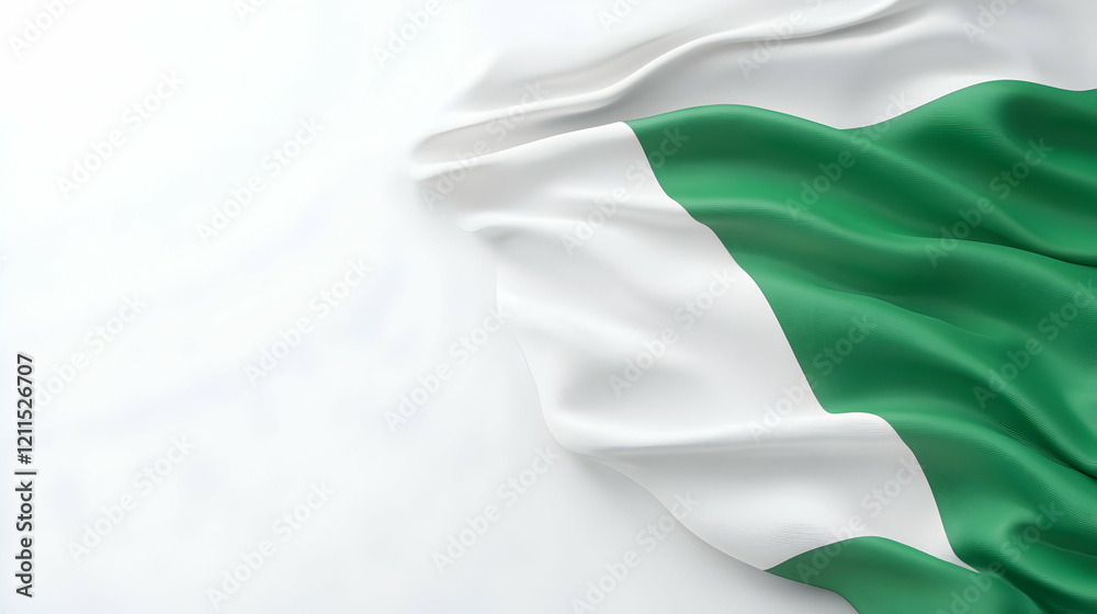 Obraz premium Draped Nigerian flag on white background; space for text; patriotic website design