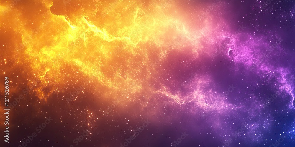 Naklejka premium Galactic background with a vibrant gradient of yellow and purple intertwined with gold and violet tones, featuring twinkling stars throughout.