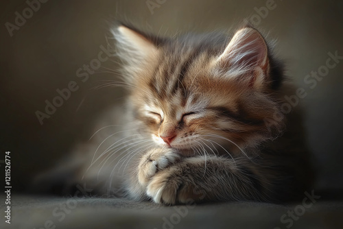 A Tiny Feline's Morning Ritual: A Kitten Delicately Grooming Itself in the Soft Glow of Early Morning Light