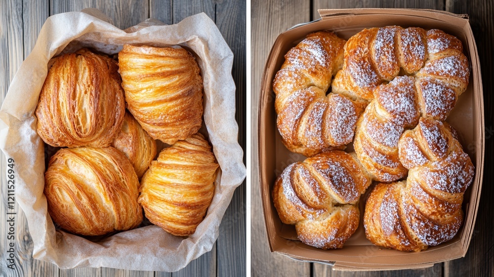 Fototapeta premium Freshly baked golden croissants displayed in parchment-lined and cardboard bakery boxes.