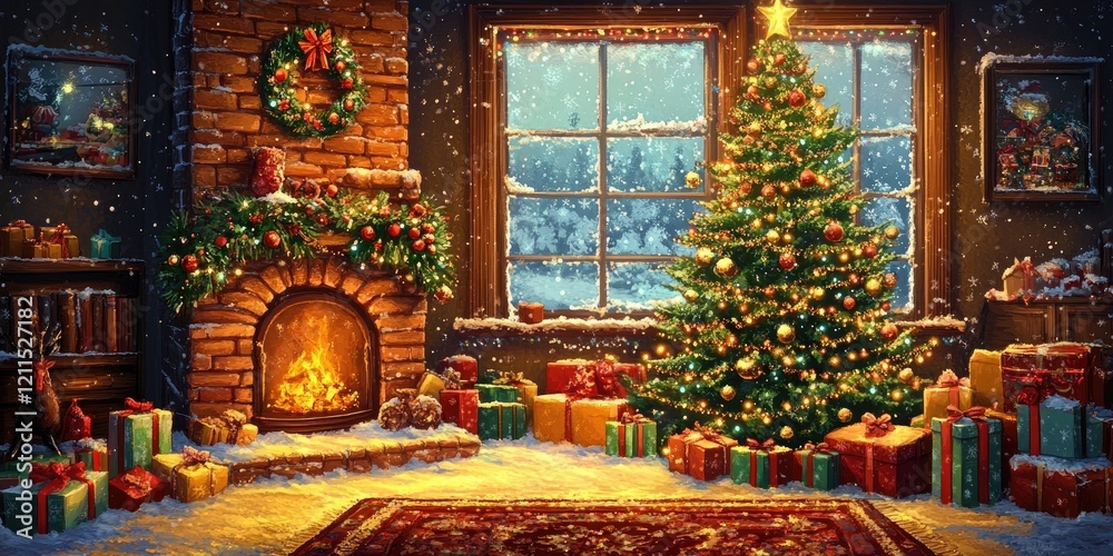 Obraz premium Festive living room with a decorated Christmas tree, colorful presents, warm fireplace, and snow falling outside the window, cozy atmosphere.