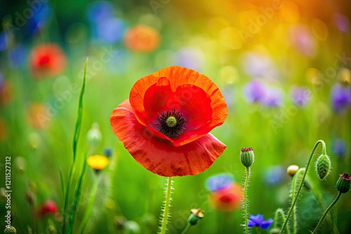 Miniature poppy field blooms, summer's vibrant red blossoms in a close-up tilt-shift view.