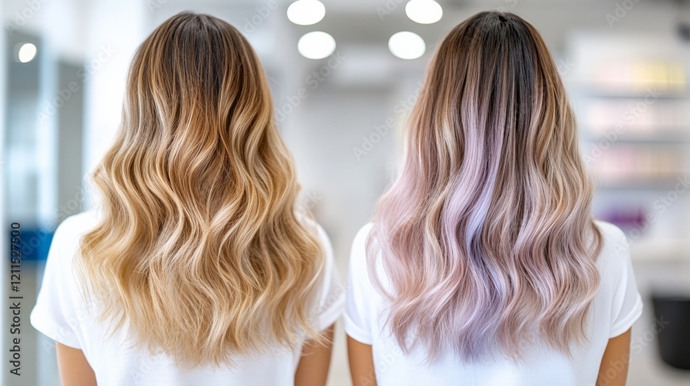 Fototapeta premium A comparison of blonde and pastel purple ombre hairstyles on long wavy hair in a modern salon.