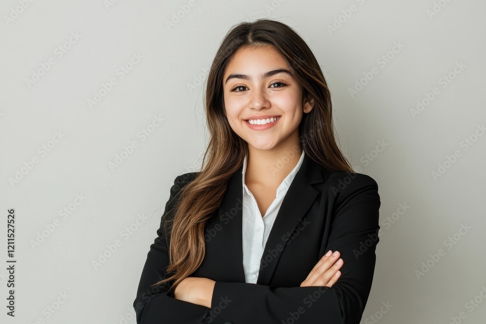 Young businesswoman smiling at camera. Portrait of cheerful Hispanic businesswoman in formal wear standing with crossed arms and looking at camera. Business concept, Generative AI Young businesswoman smiling at camera. Portrait of cheerful Hispanic businesswoman in formal wear standing with crossed arms and looking at camera. Business concept, Generative AI